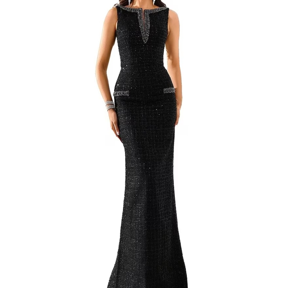 Tweed Sleeveless Gown Evening Wedding Formal  Embellished Boat NeckSparkle Dress
